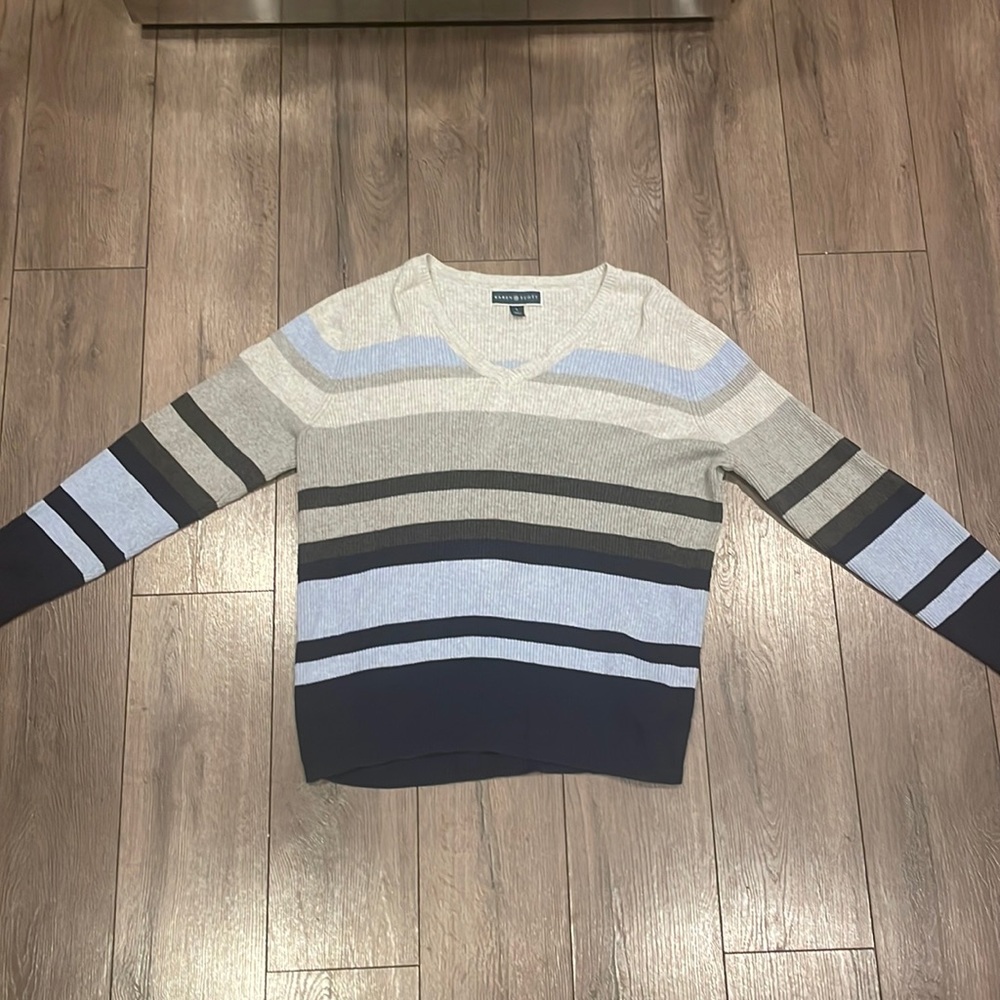 striped blue grey Karen Scott sweater.